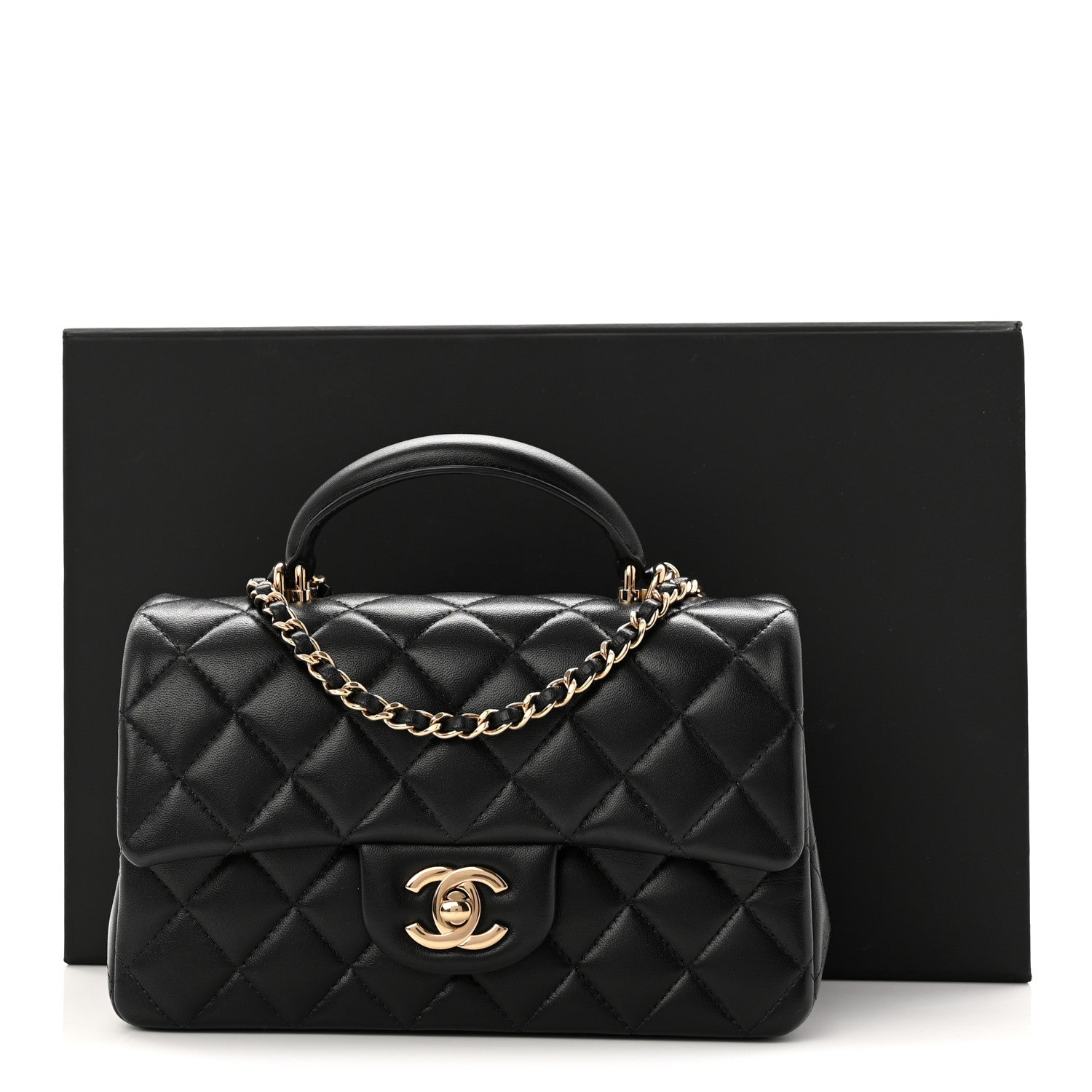 Chanel Lambskin Quilted Mini Top Handle Rectangular Flap Black