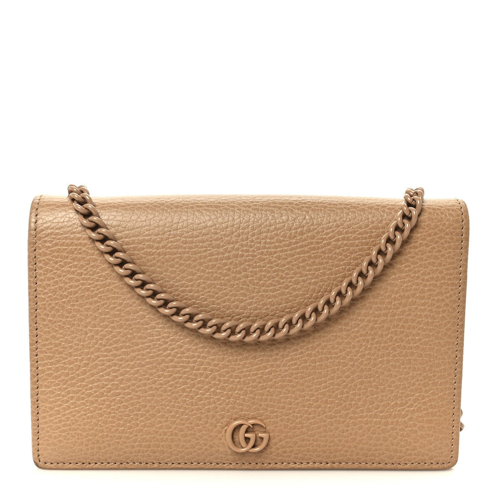 Gucci Dollar Calfskin Enamel Monochrome Mini GG Marmont Chain Wallet Camelia