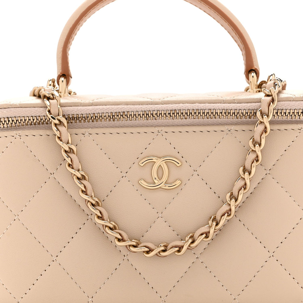 Chanel Lambskin Quilted Small Top Handle Vanity Case With Chain Beige