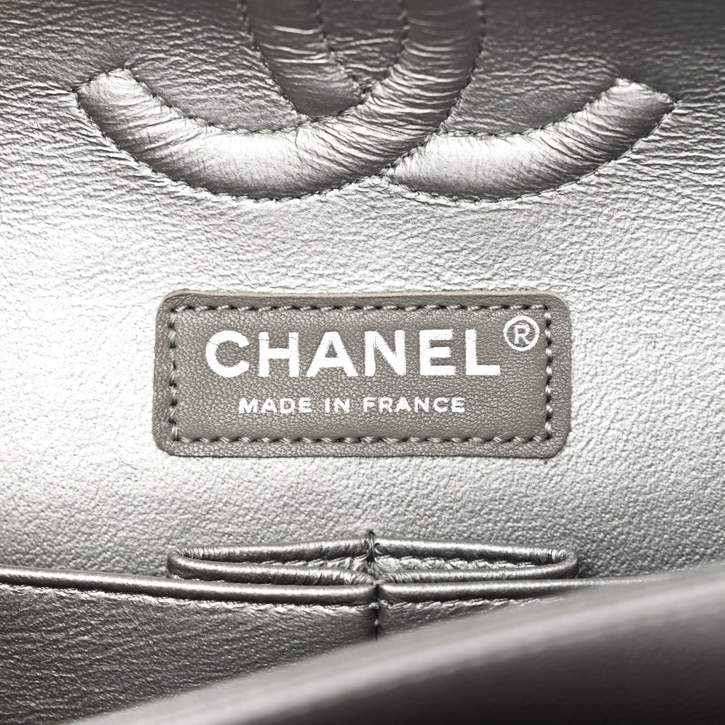 Chanel Metallic Caviar Chevron Quilted Medium Double Flap Silver