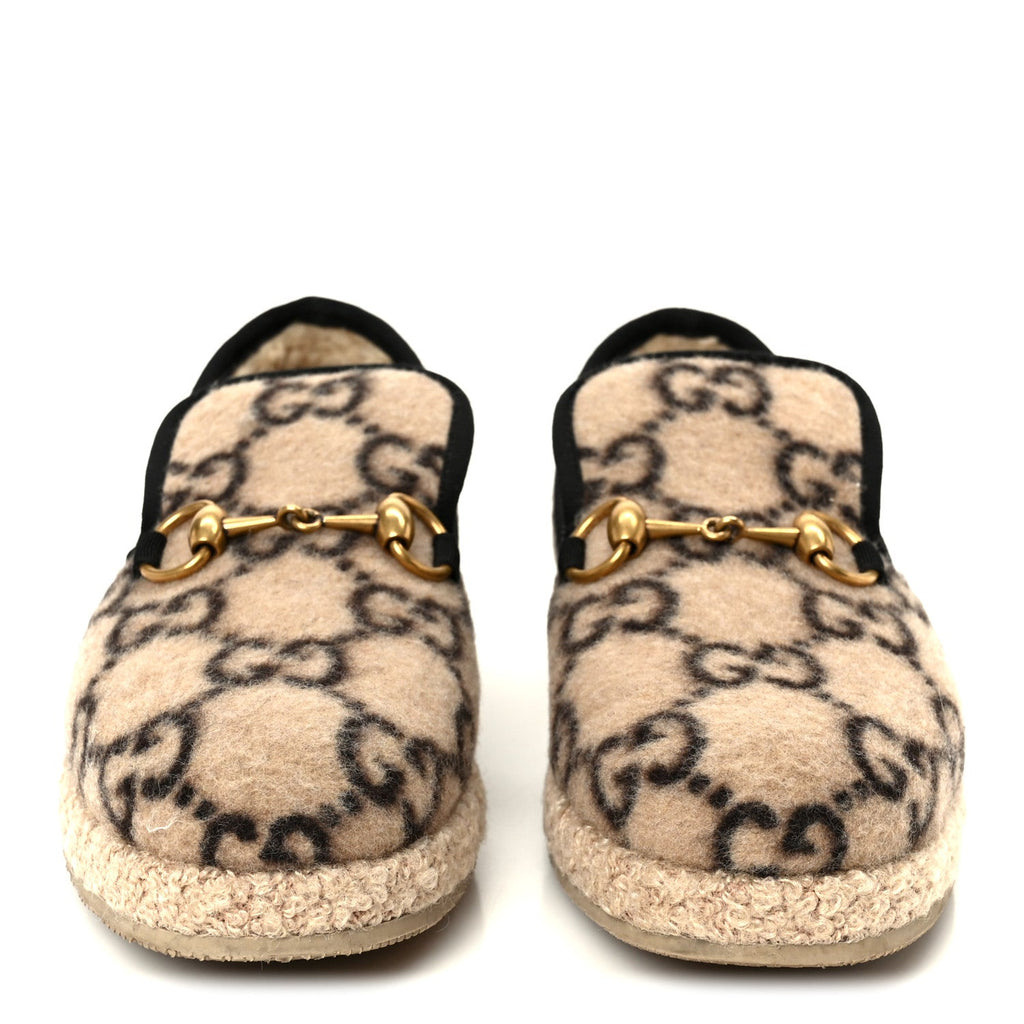 Gucci Covered Wool GG Monogram Womens Fria Horsebit Loafers 35.5 Beige Ebony Black Butterscotch