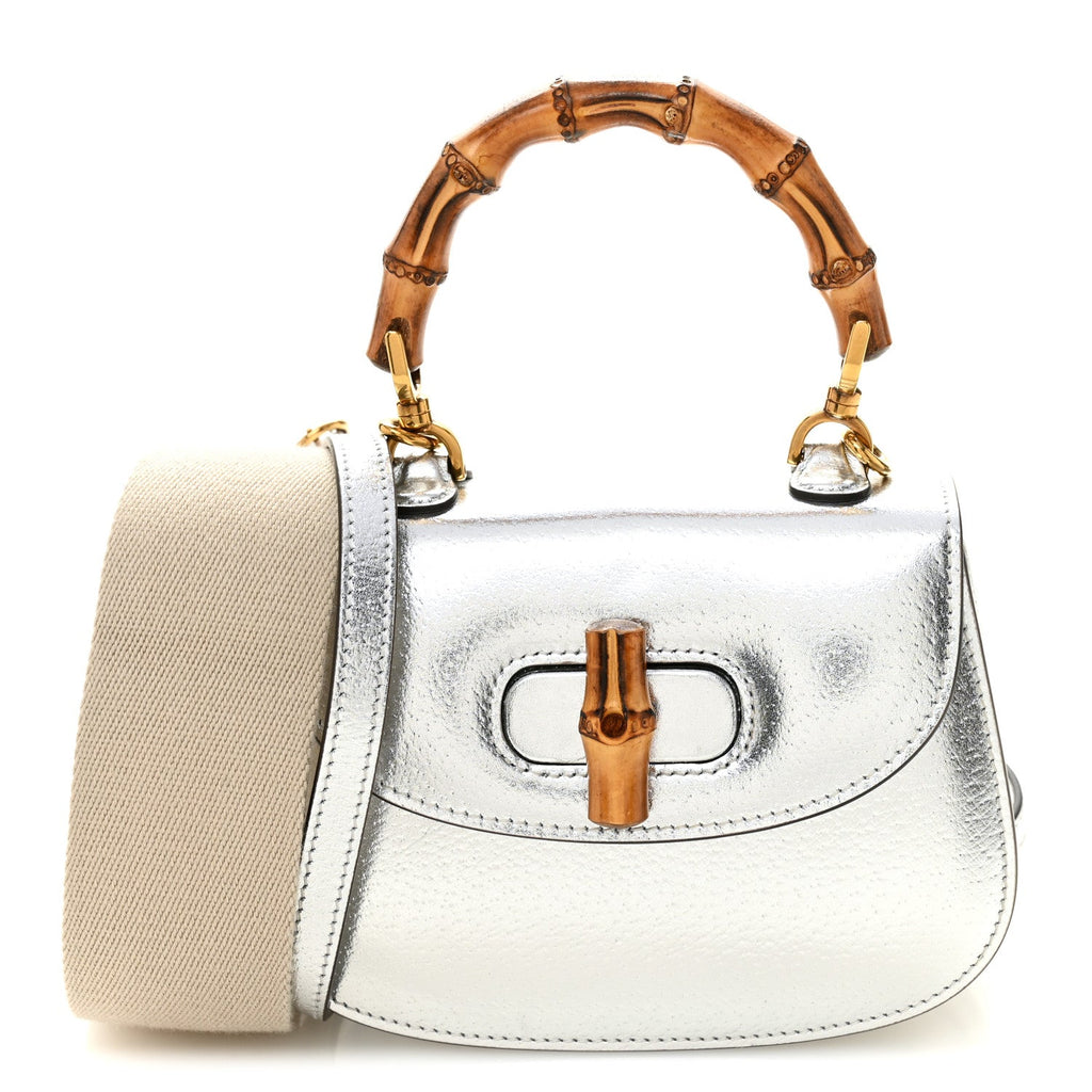 Gucci Boarded Dyana Lux Calfskin Mini Bamboo 1947 Top Handle Bag Silver