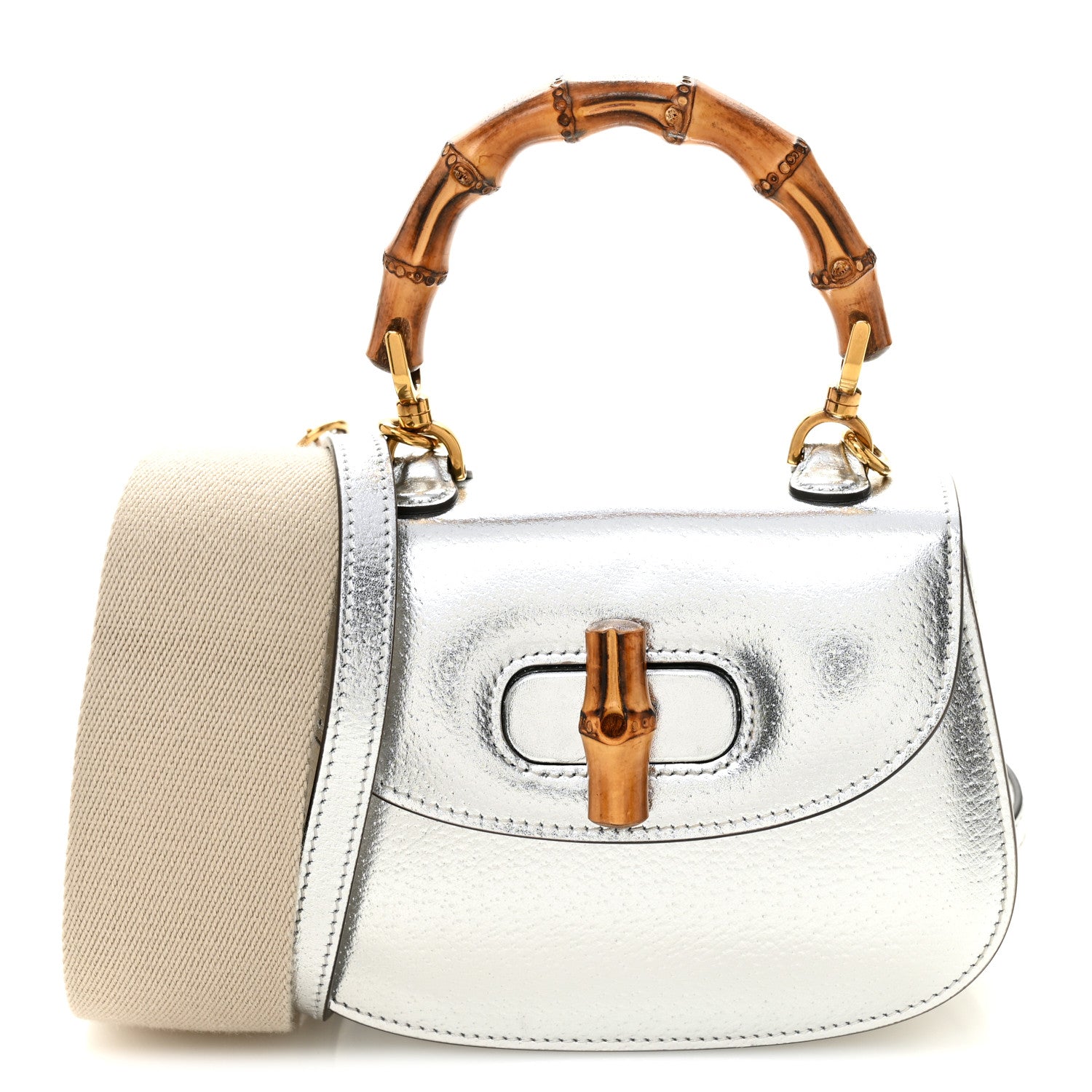 Gucci Boarded Dyana Lux Calfskin Mini Bamboo 1947 Top Handle Bag Silver