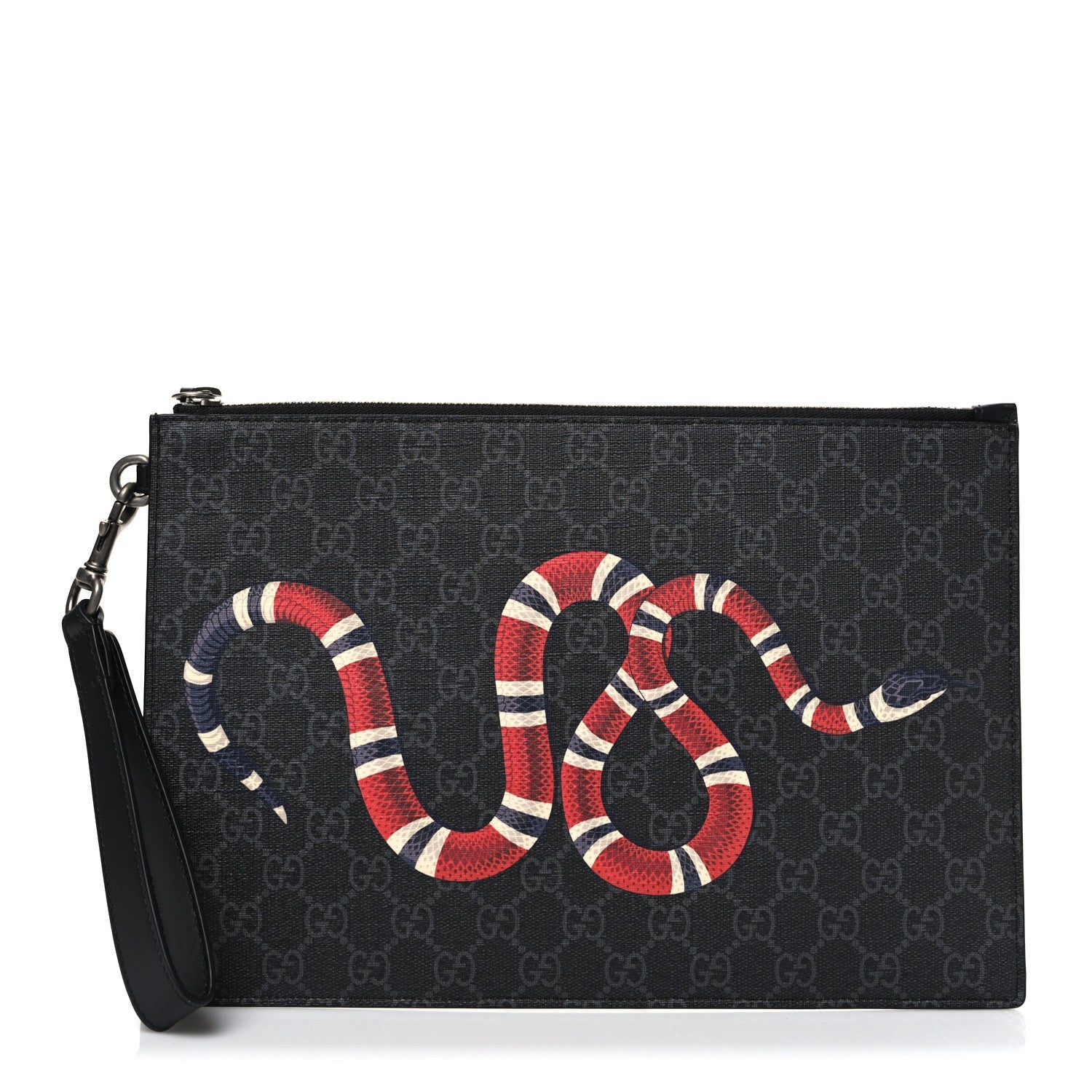 Gucci GG Supreme Monogram Kingsnake Zip Wristlet Pouch Black Grey