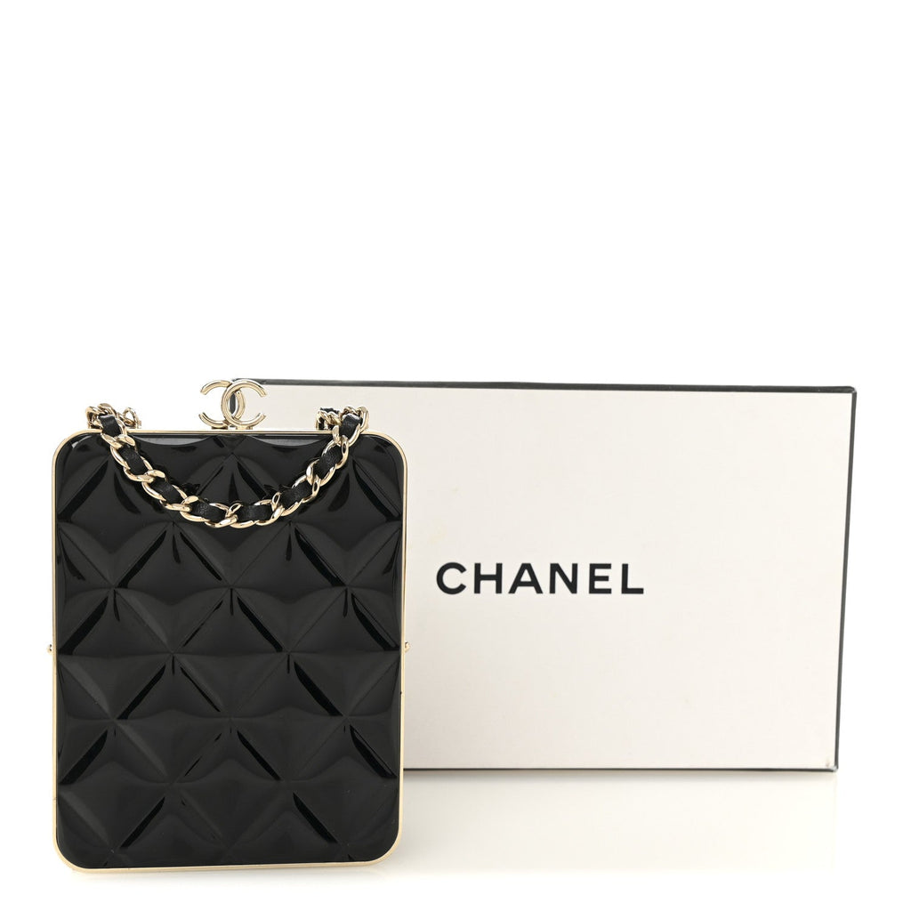 Chanel Lambskin Plexi Quilted CC Evening Clutch With Chain Black