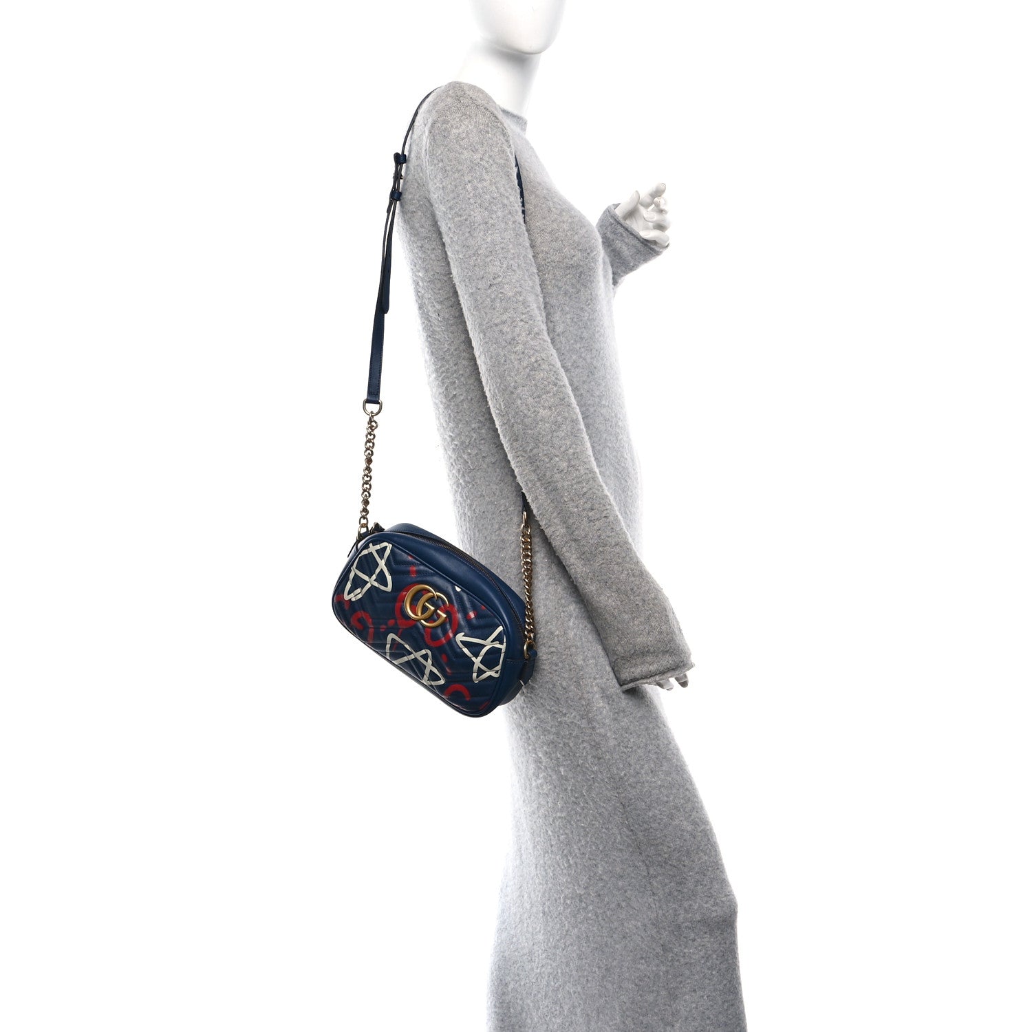 Gucci Calfskin Matelasse GucciGhost Small GG Marmont Chain Shoulder Bag  Black Hibiscus Red