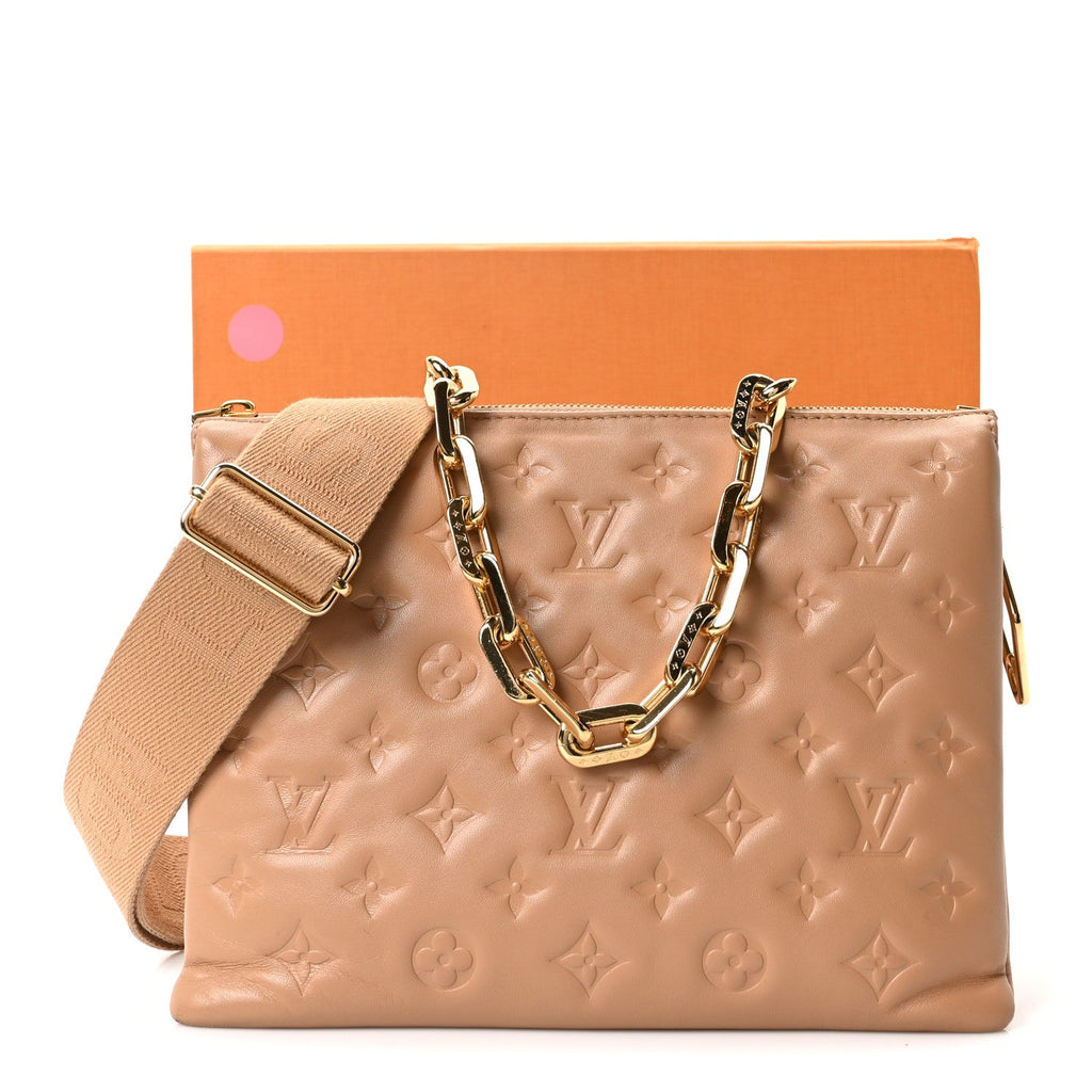 Louis Vuitton Lambskin Embossed Monogram Coussin PM Camel