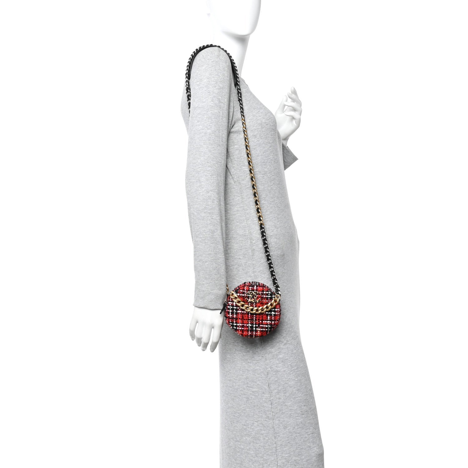 Chanel Tweed Quilted Chanel 19 Round Clutch With Chain  Red Black White Green