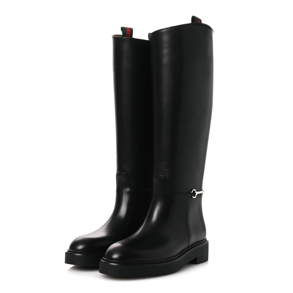 Gucci Shiny Calfskin Michelangelo Slim Horsebit Riding Boots 36 Black