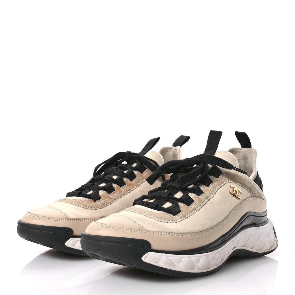 Chanel Velvet Calfskin Mixed Fibers CC Sneakers 40.5 Beige