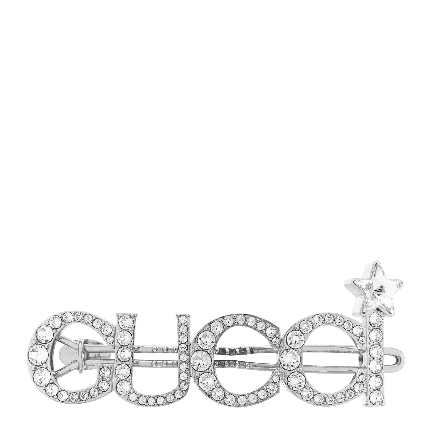 Gucci Metal Crystal Logo Hair Barrette Silver
