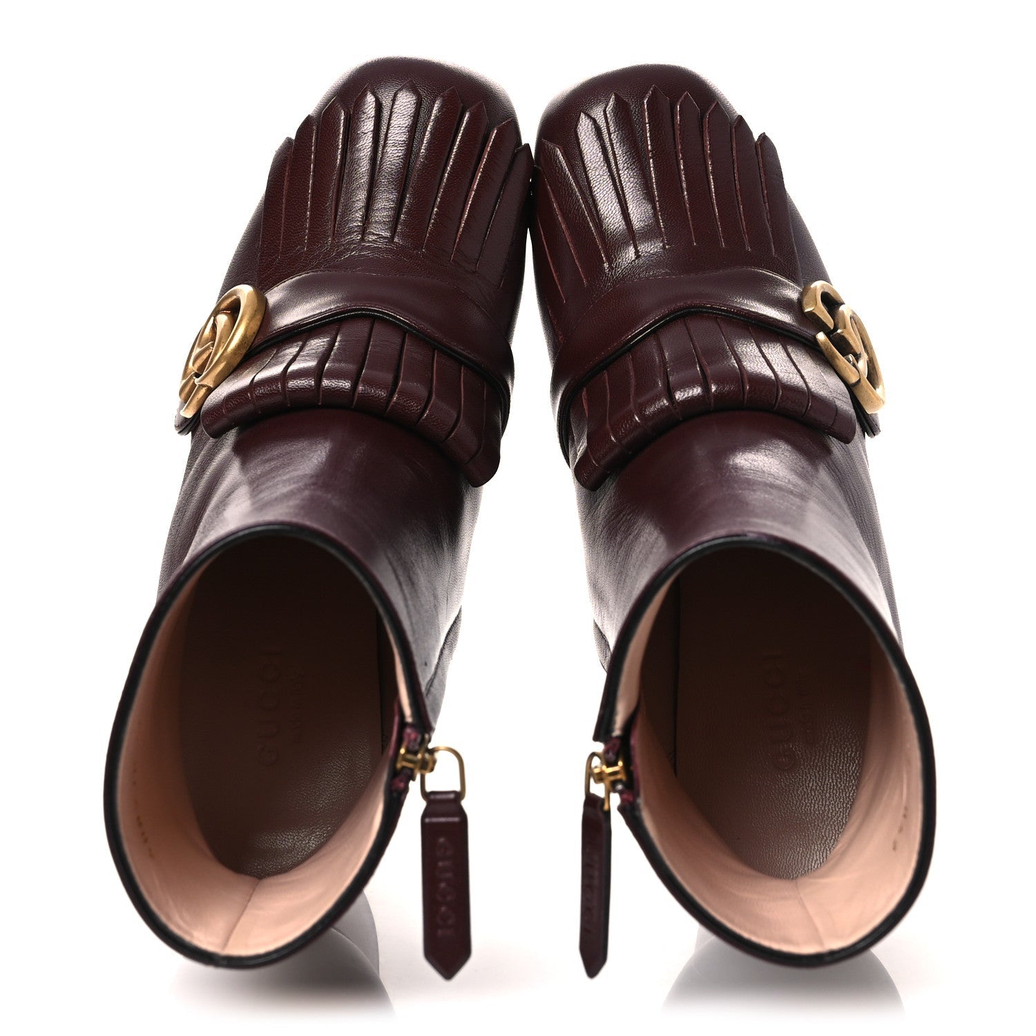 Gucci Malaga Kid GG Marmont Fringe 75mm Ankle Boots 36 Vintage Bordeaux