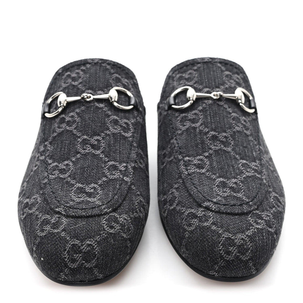 Gucci New Denim GG Malaga Kid Womens Princetown Slippers 37.5 Grey Black