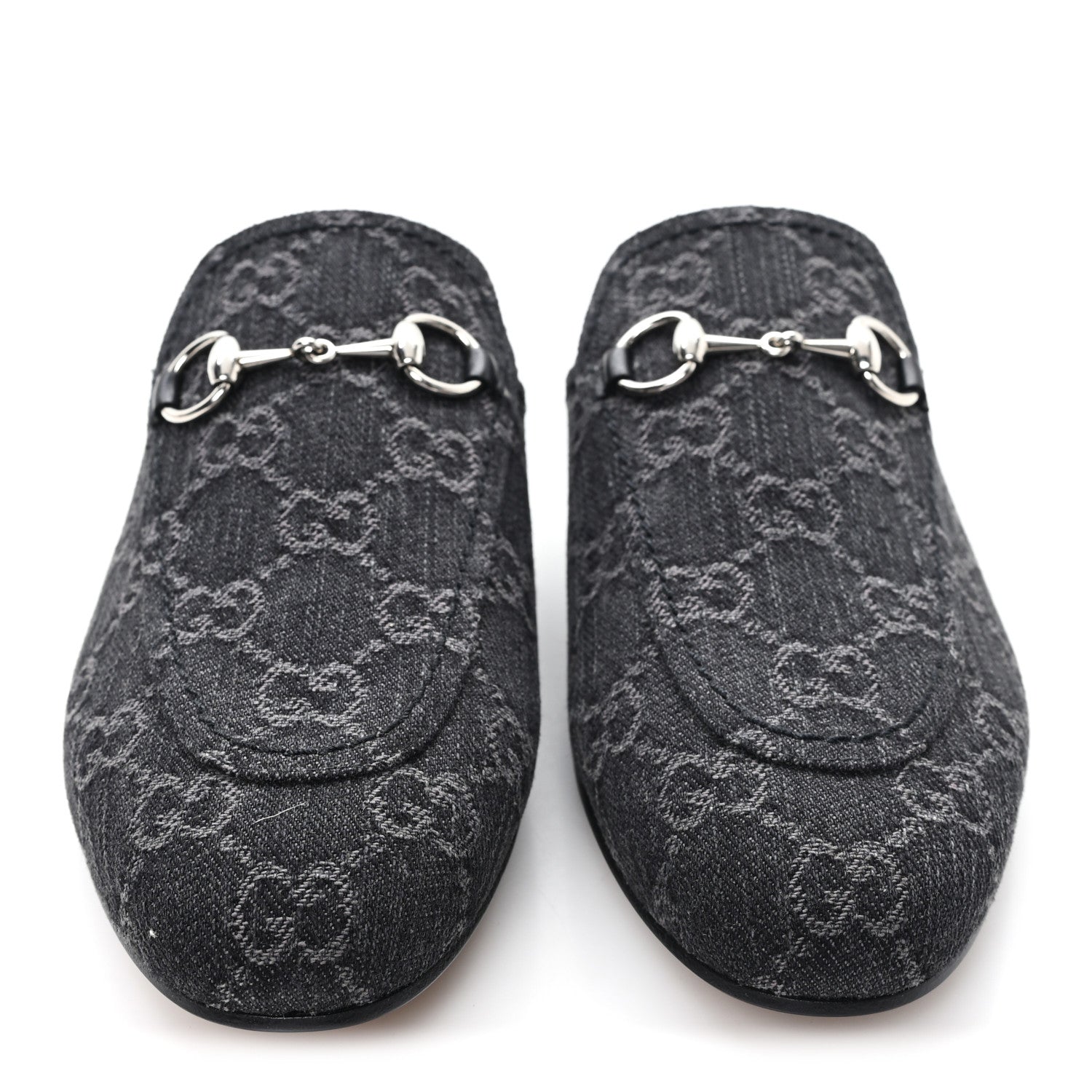 Gucci New Denim GG Malaga Kid Womens Princetown Slippers 37.5 Grey Black