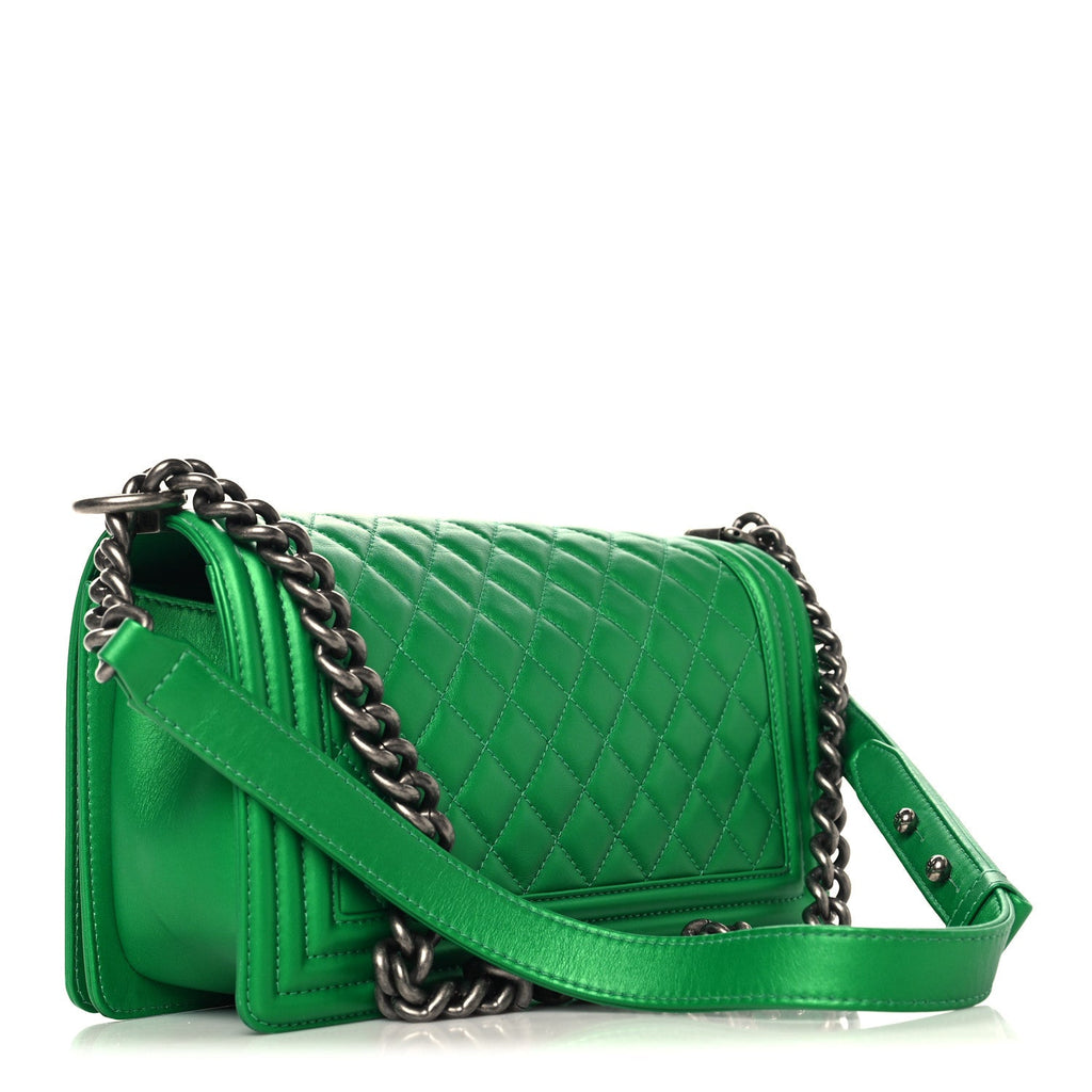 Chanel Metallic Calfskin Quilted Medium Boy Flap Green