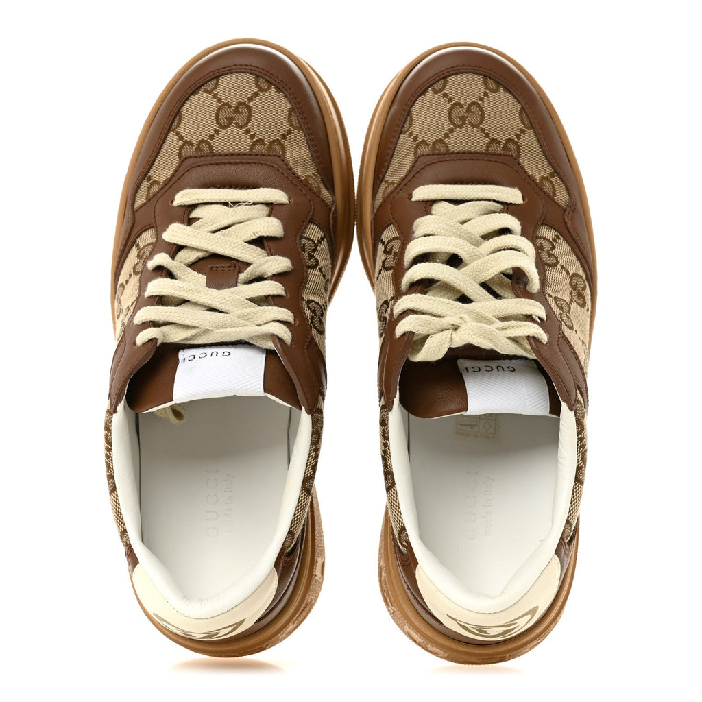 Gucci Calfskin GG Monogram Womens Platform 55mm Sneakers 38.5 Hezelnut Beige Ebony Mystic White