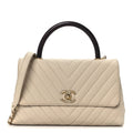 Chanel Caviar Lizard Embossed Chevron Quilted Small Coco Handle Flap Beige