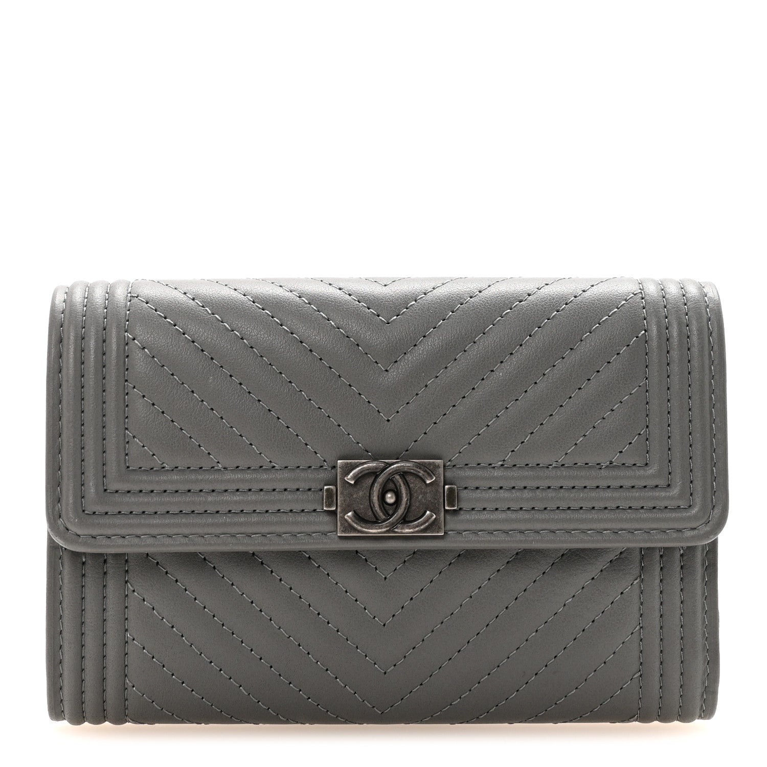Calfskin Chevron Quilted Medium Boy Flap Wallet Grey