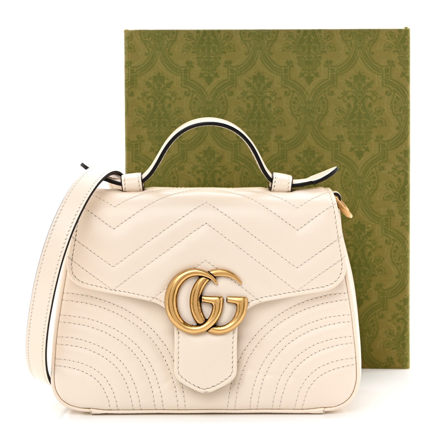 Gucci Calfskin Matelasse Mini GG Marmont Top Handle Shoulder Bag White