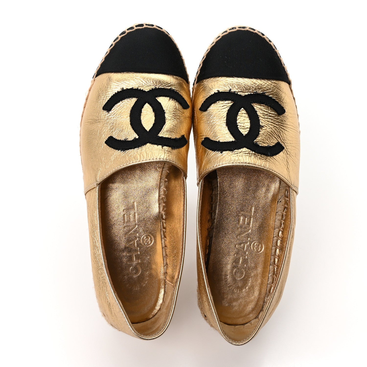 Laminated Lambskin Grosgrain CC Espadrilles 35 Gold Black