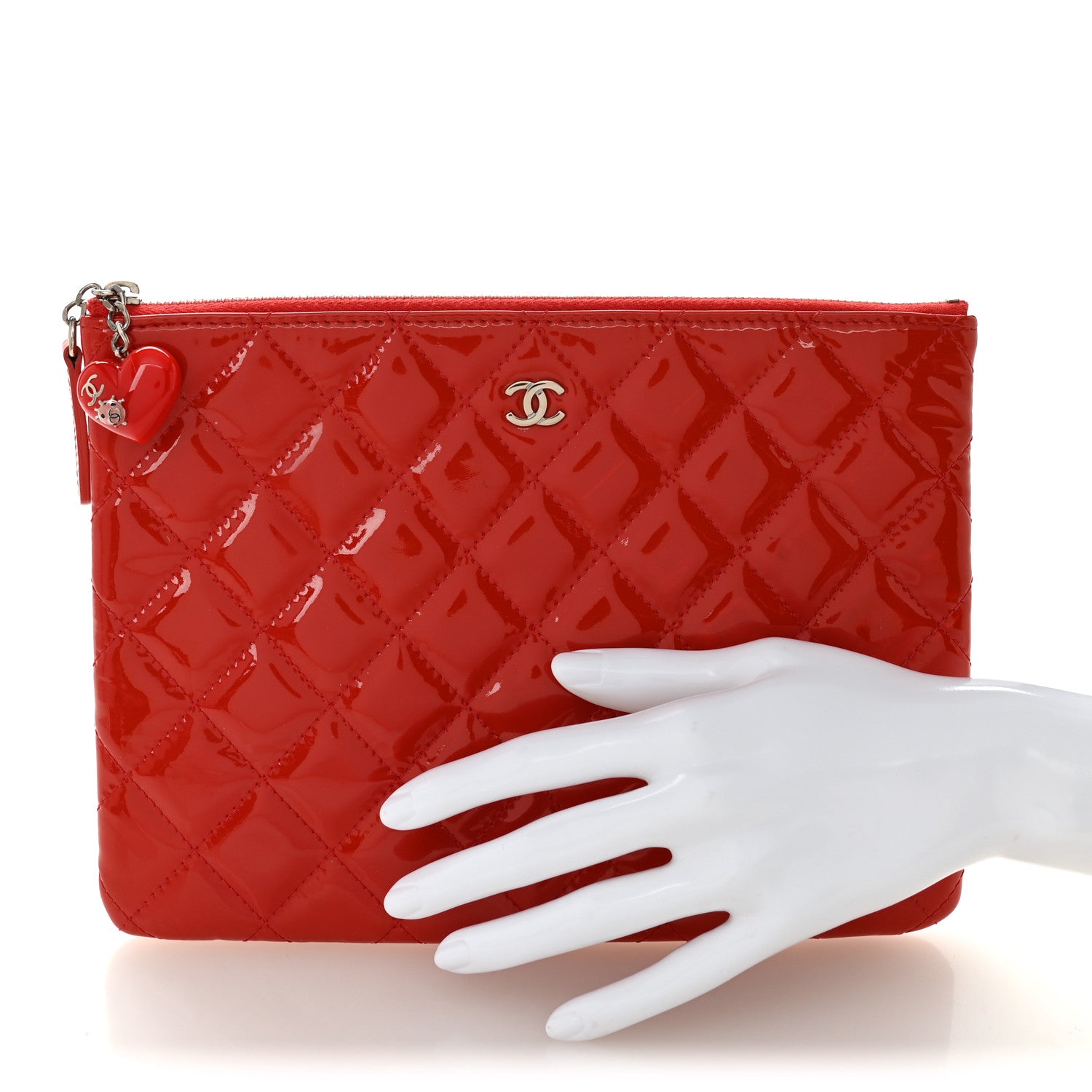 Patent Calfskin Quilted Valentine Hearts Medium O Cosmetic Case Red