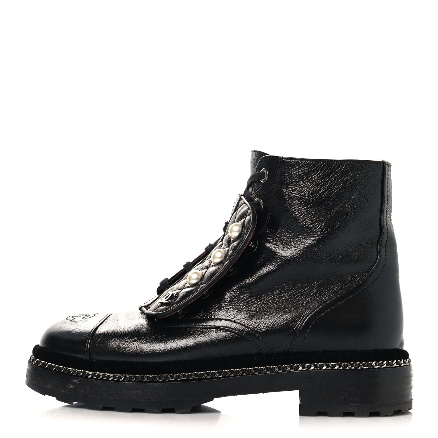 Crackled Calfskin Velvet Pearl Combat Short Boots 37.5 Black