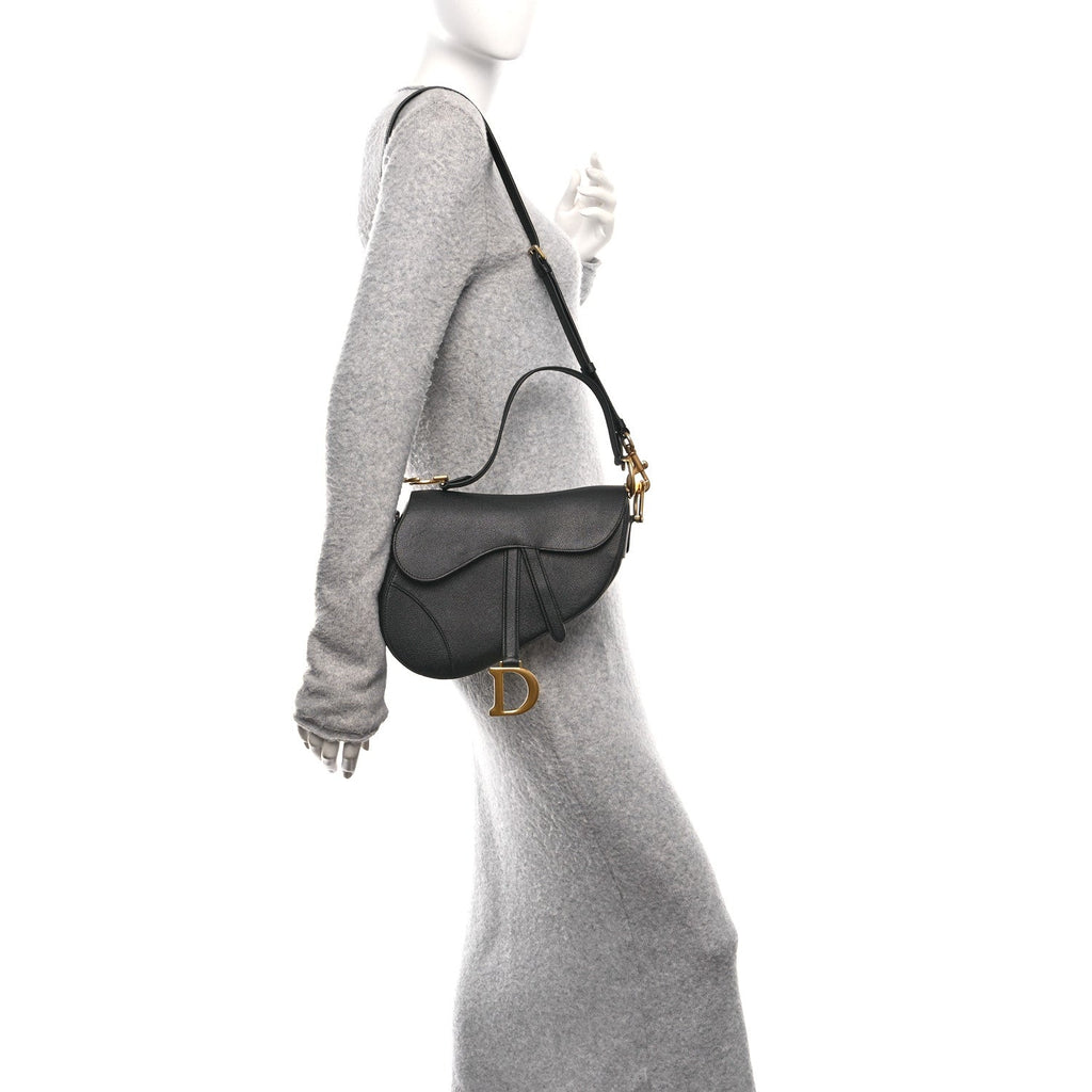 Christian Dior Grained Calfskin Saddle Bag With Strap Black