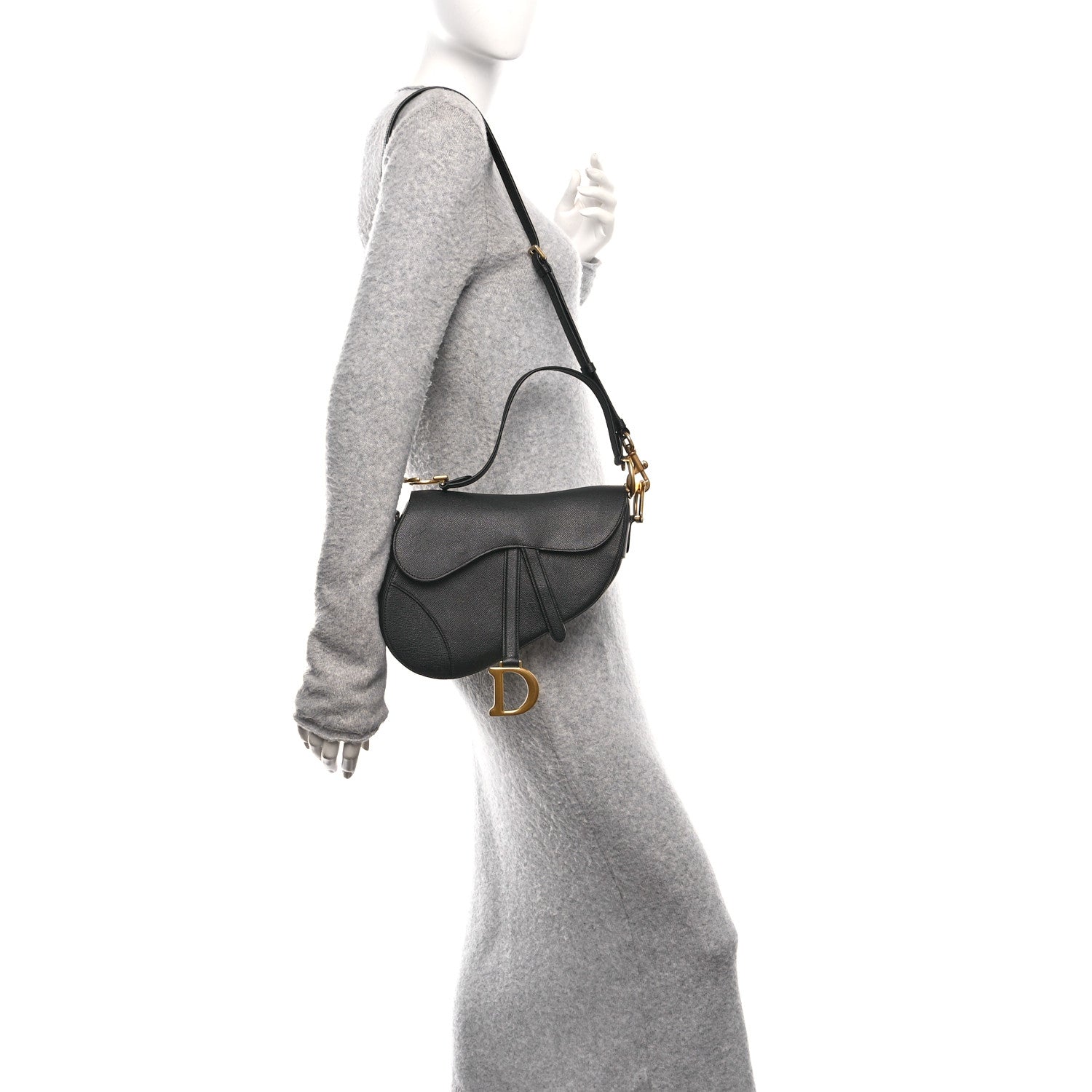 Christian Dior Grained Calfskin Saddle Bag With Strap Black
