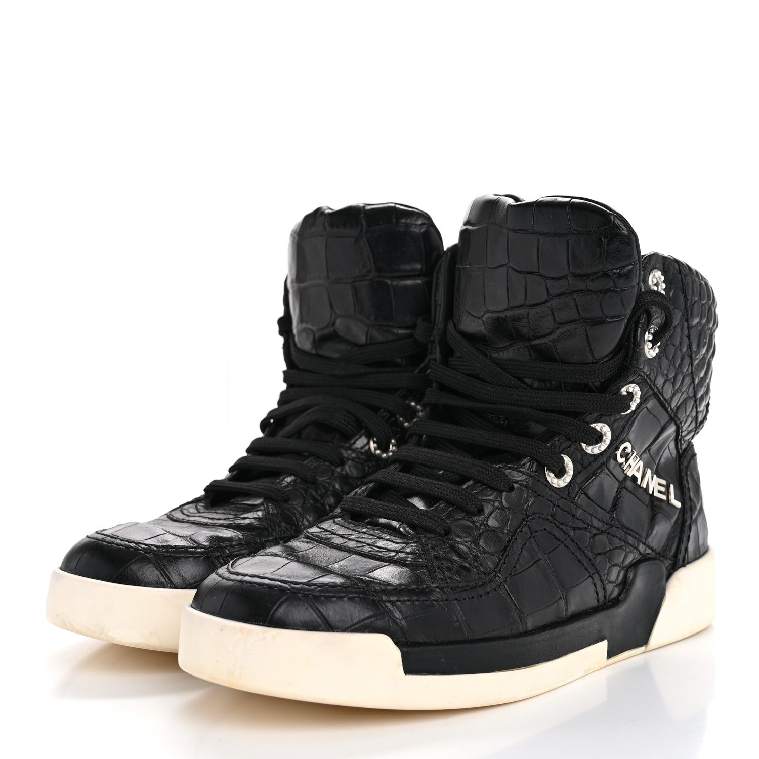 Calfskin Crocodile Embossed Cocodile High Top Sneakers 36.5 Black