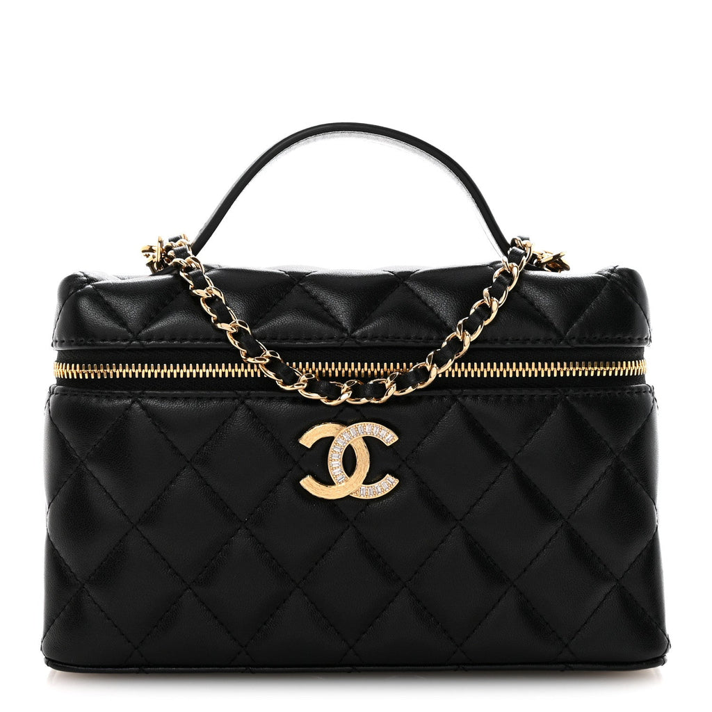 Lambskin Quilted Crystal Ridged CC Top Handle Slim Vanity Case With Chain Black