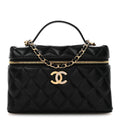 Lambskin Quilted Crystal Ridged CC Top Handle Slim Vanity Case With Chain Black