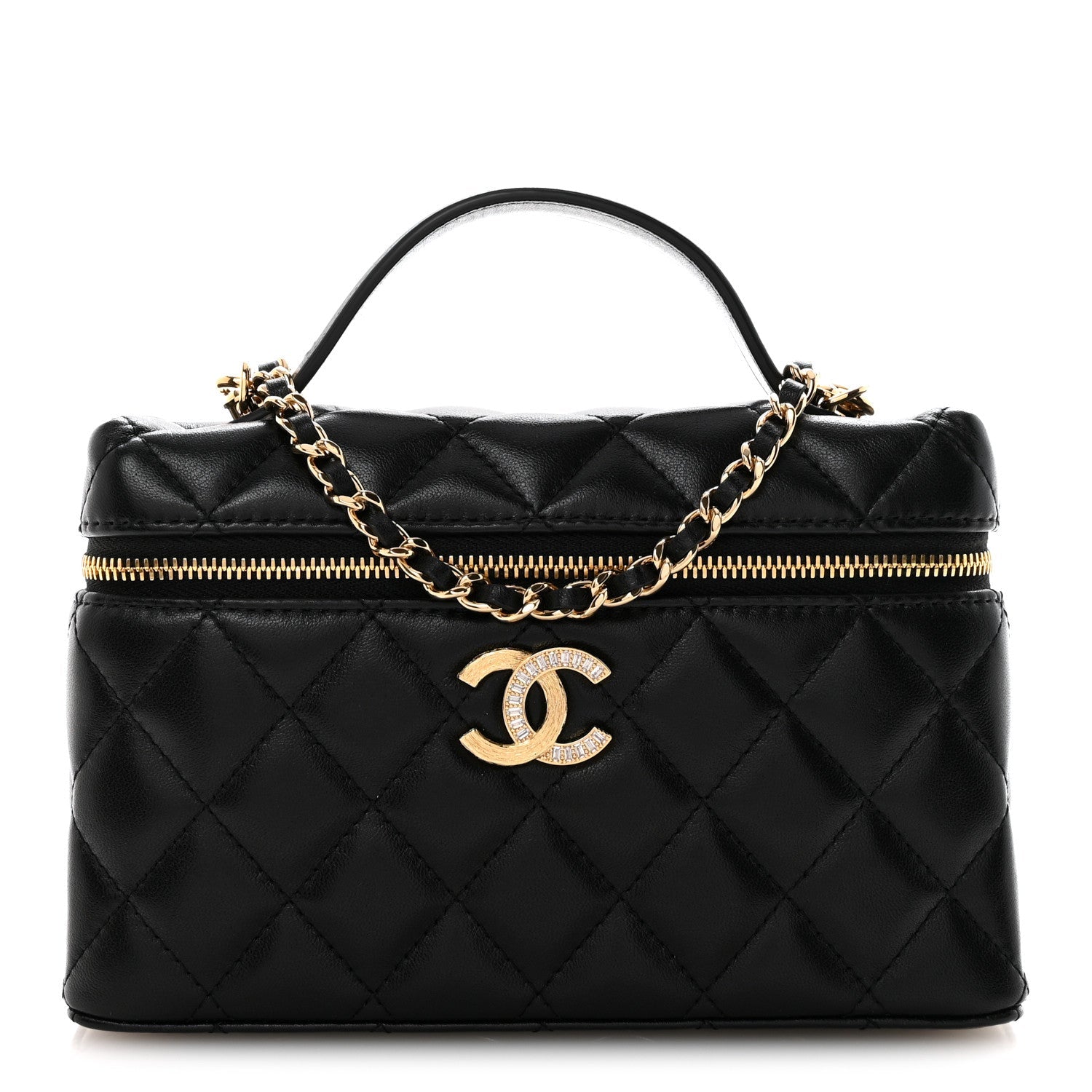 Lambskin Quilted Crystal Ridged CC Top Handle Slim Vanity Case With Chain Black