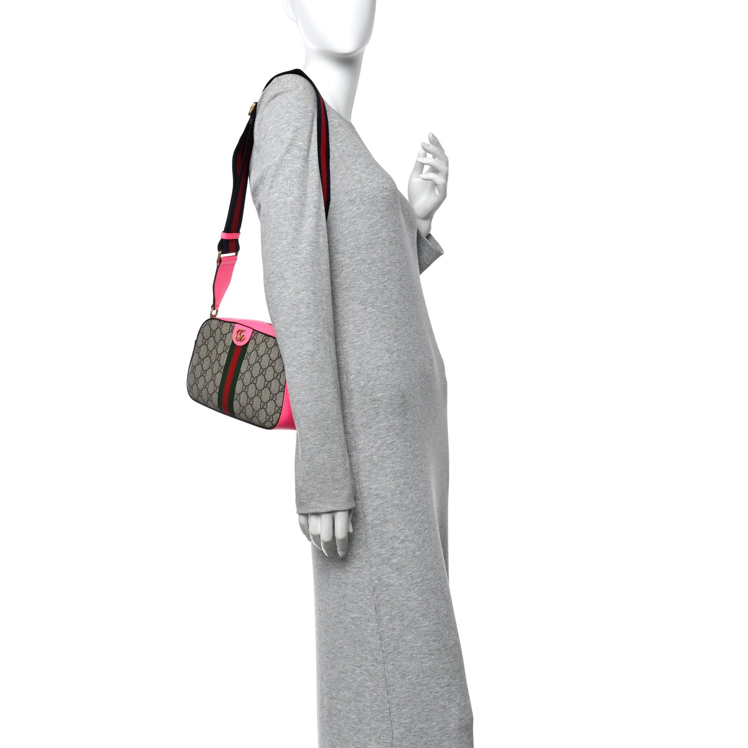 Gucci GG Supreme Monogram Textured Dollar Calfskin Web Ophidia Small Crossbody Bag Beige Ebony Fuchsia