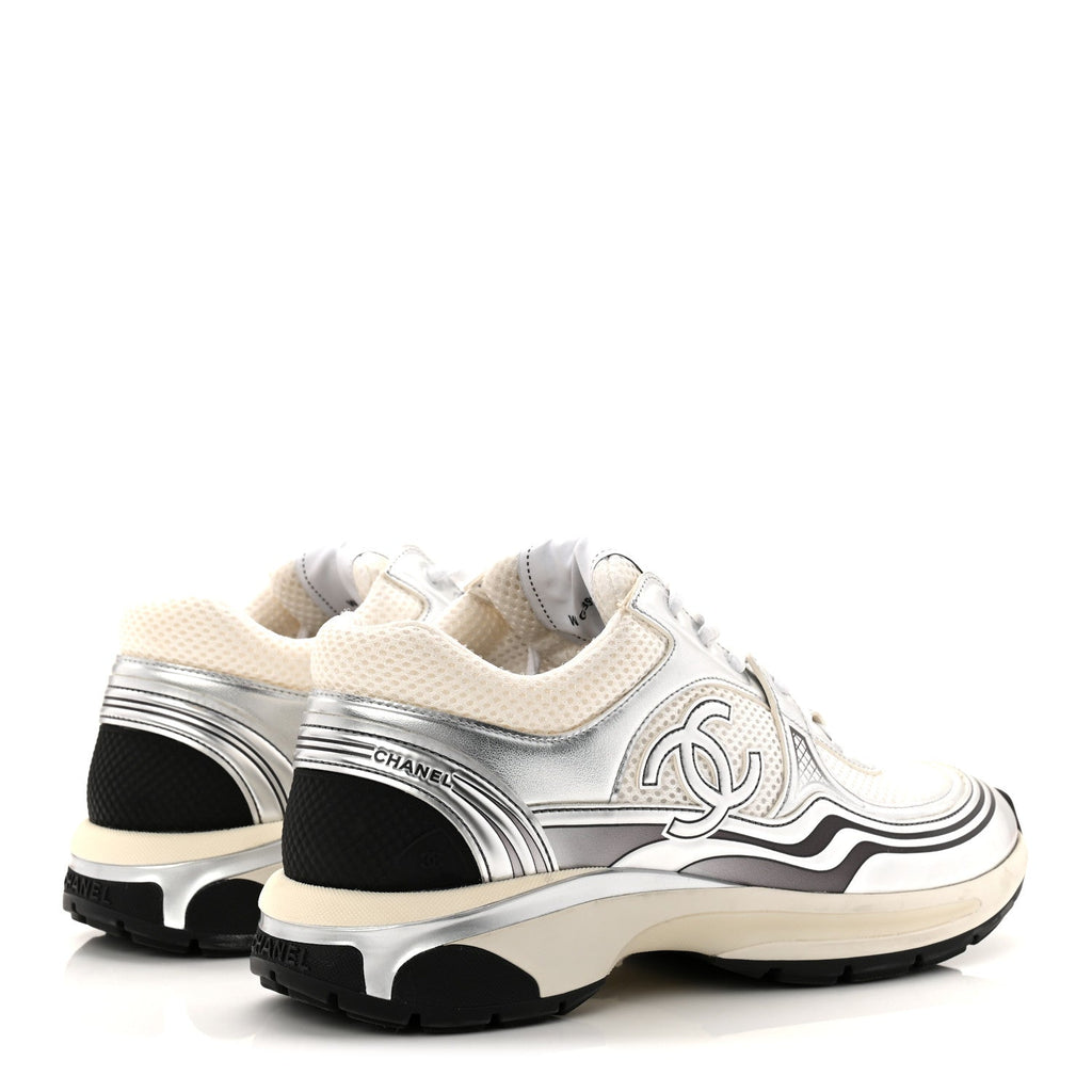 Fabric Laminated Calfskin Stretch CC Womens Sneakers 40 White Silver