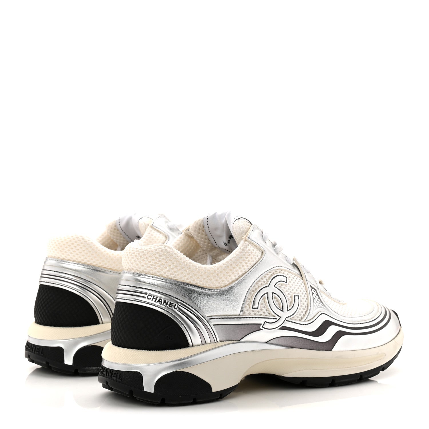 Fabric Laminated Calfskin Stretch CC Womens Sneakers 40 White Silver