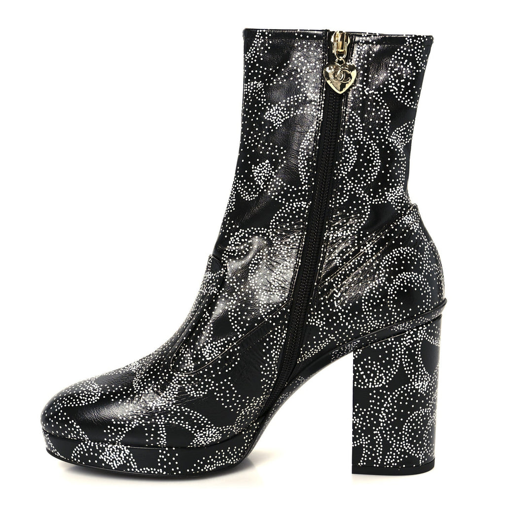 Calfskin Camellia Printed Ankle Boots 39 Black White