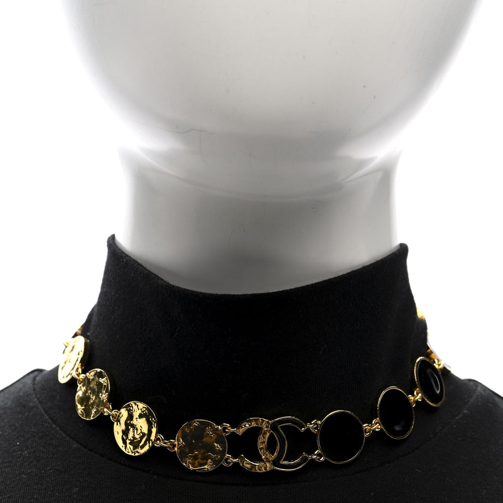Metal Enamel Disc CC Choker Necklace Gold Black