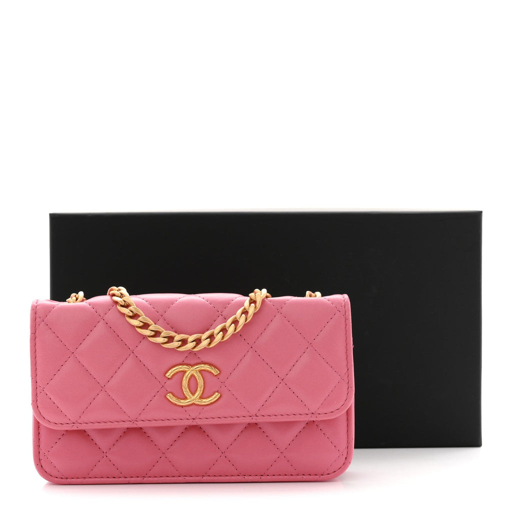 Chanel Lambskin Quilted Pillow Crush Flap Phone Holder With Chain Pink
