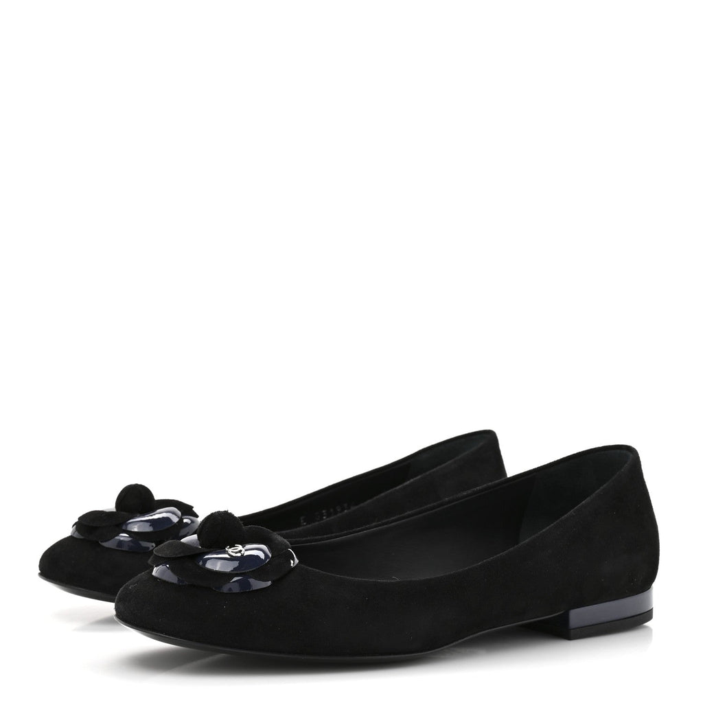 Chanel Suede Patent Camellia CC Ballerina Flat 37 Navy Black
