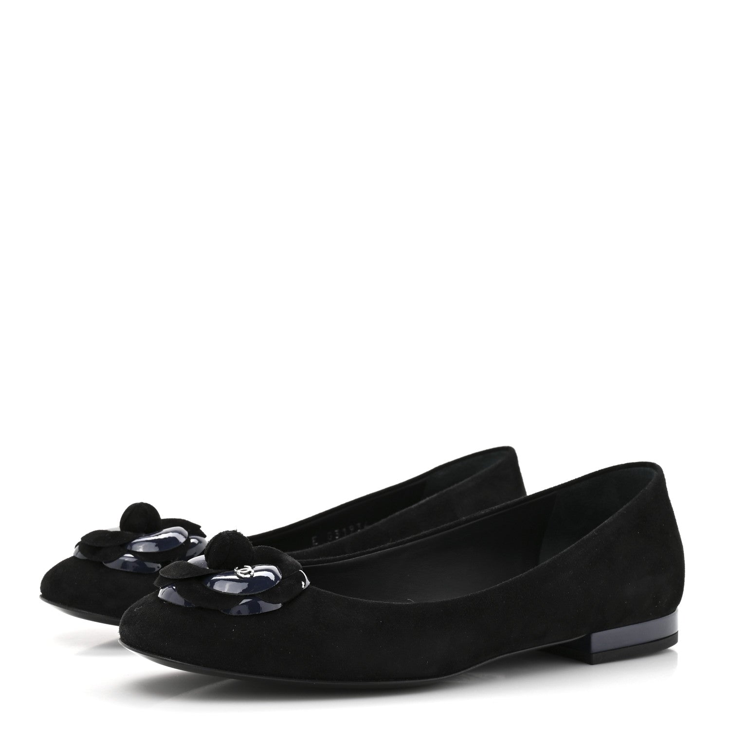 Chanel Suede Patent Camellia CC Ballerina Flat 37 Navy Black