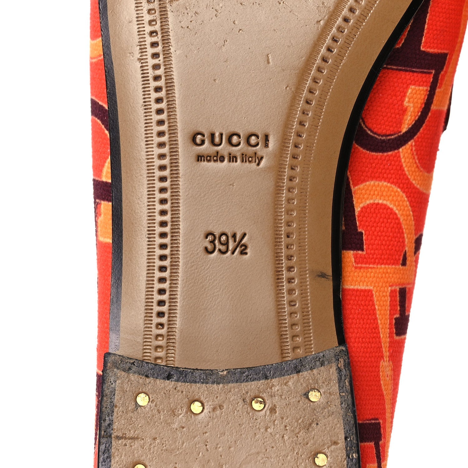 Gucci Betis Glamour Canvas Horsebit Print Womens Jordaan Loafers 39.5 Orange Red Rosso Ancora