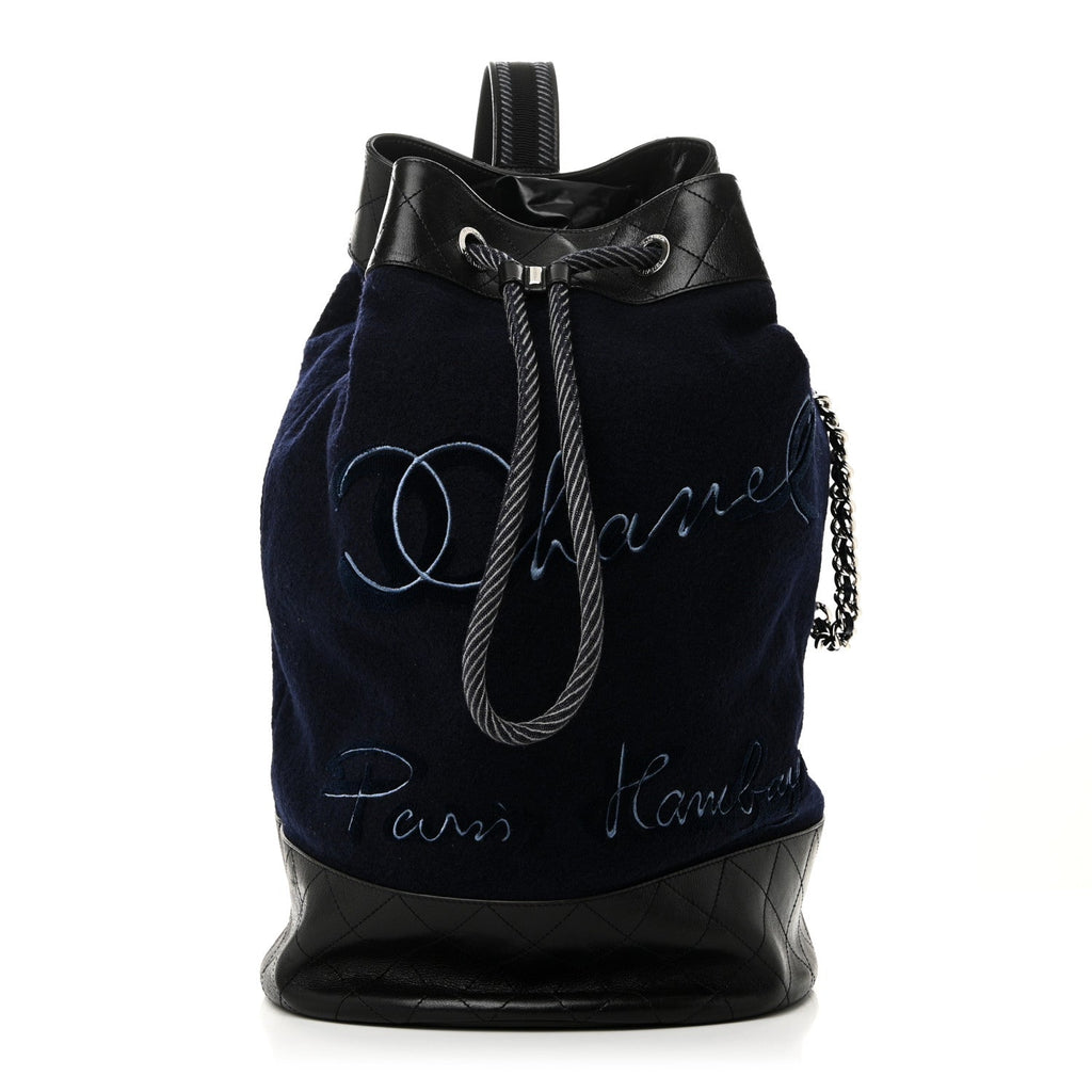 Chanel Wool Calfskin Embroidered Paris Hamburg Drawstring Backpack Navy Blue