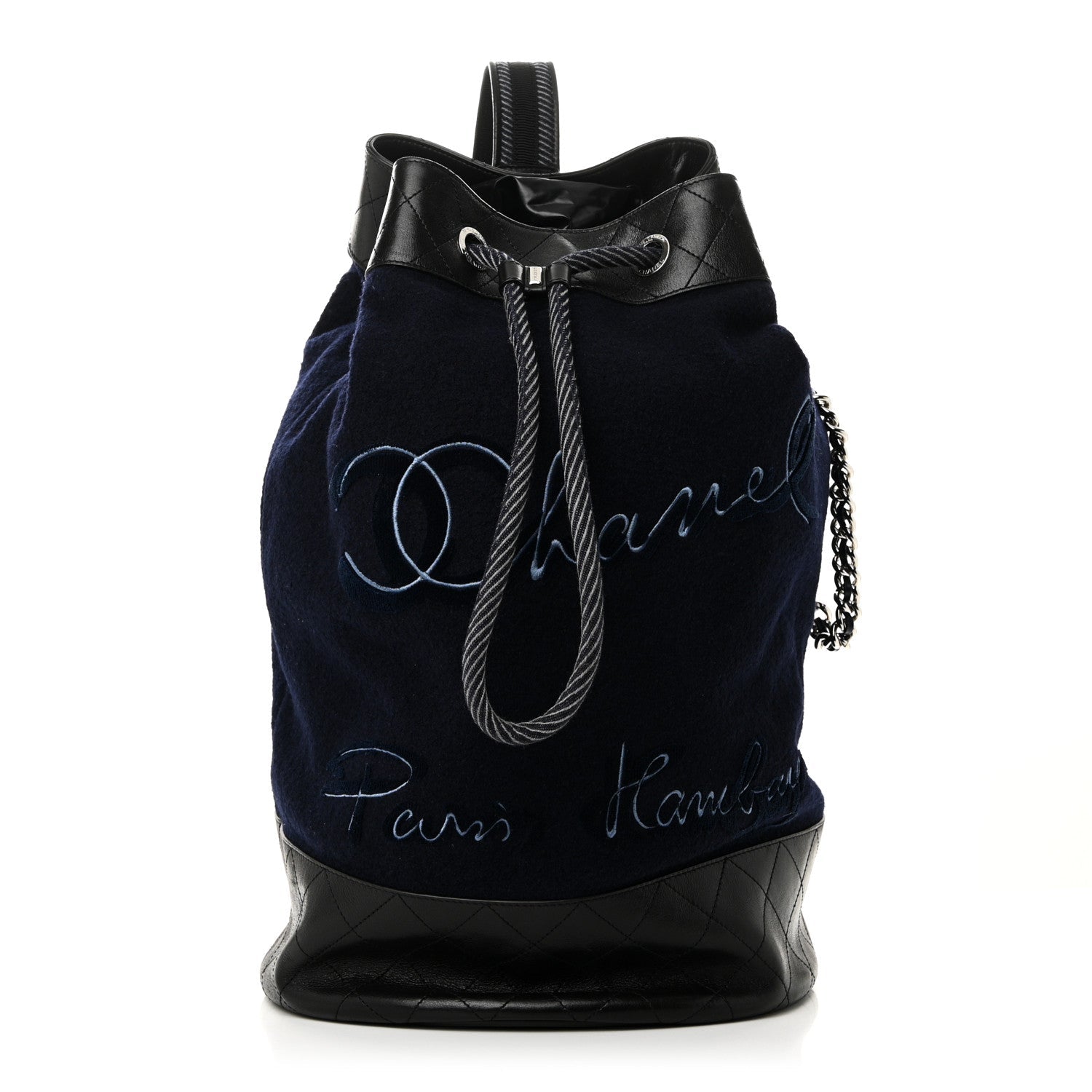 Chanel Wool Calfskin Embroidered Paris Hamburg Drawstring Backpack Navy Blue