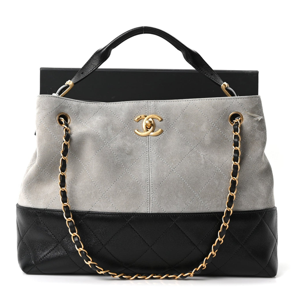 Chanel Suede Calfskin Shiny Lambskin Quilted Small Coco Base Shopping Bag Grey Black