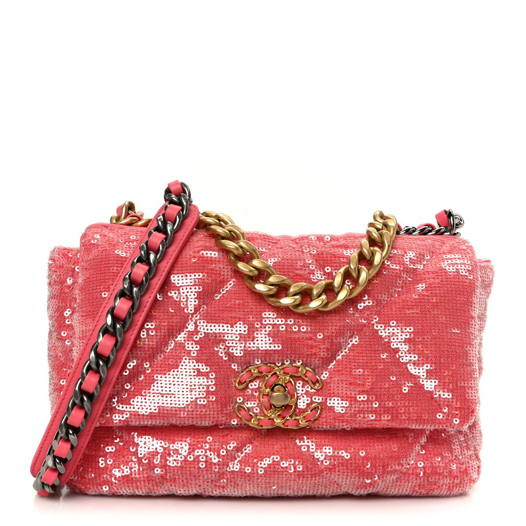 Chanel Sequin Quilted Medium Chanel 19 Flap Coral