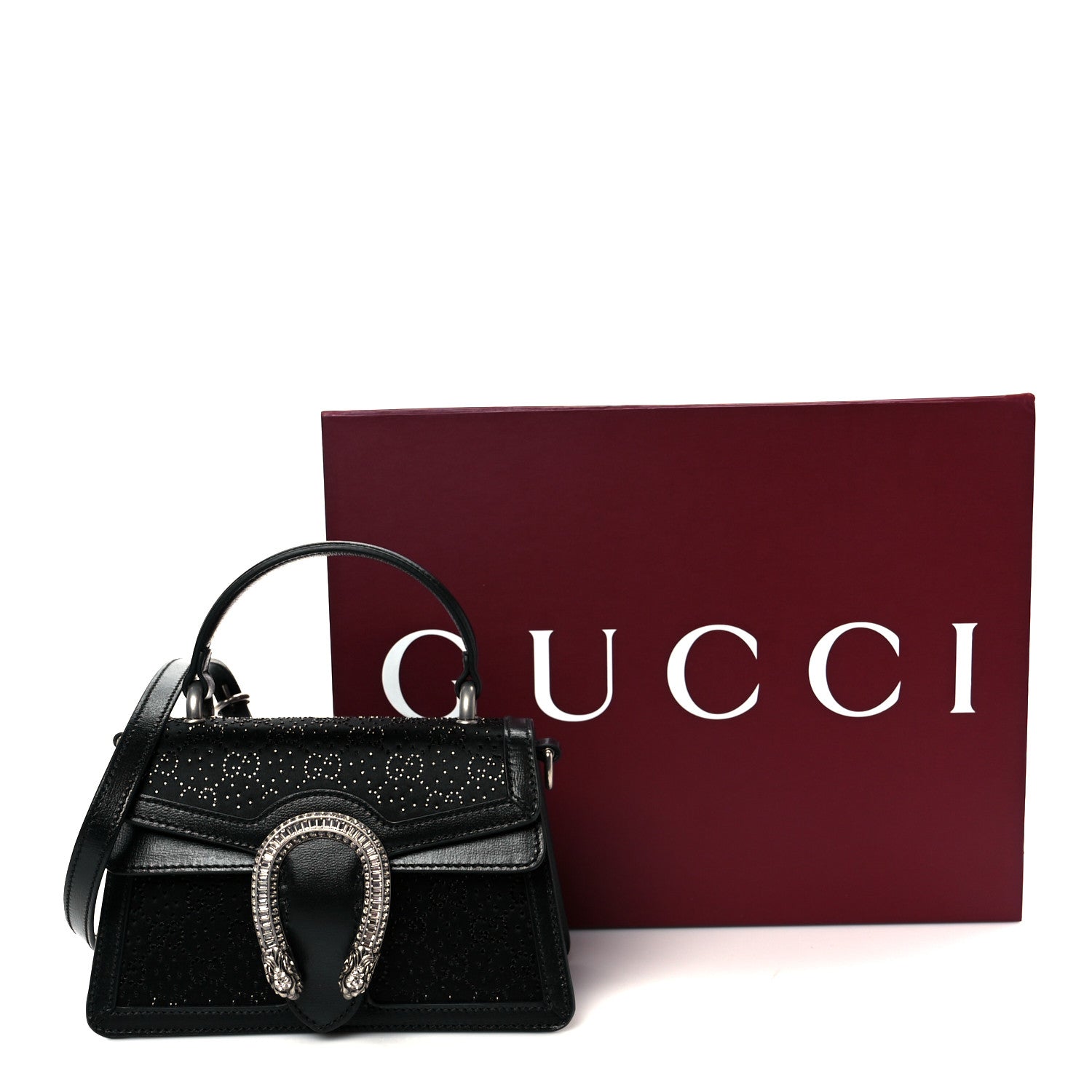 Gucci Satin Crystal GG Monogram Mini Dionysus Top Handle Bag Black