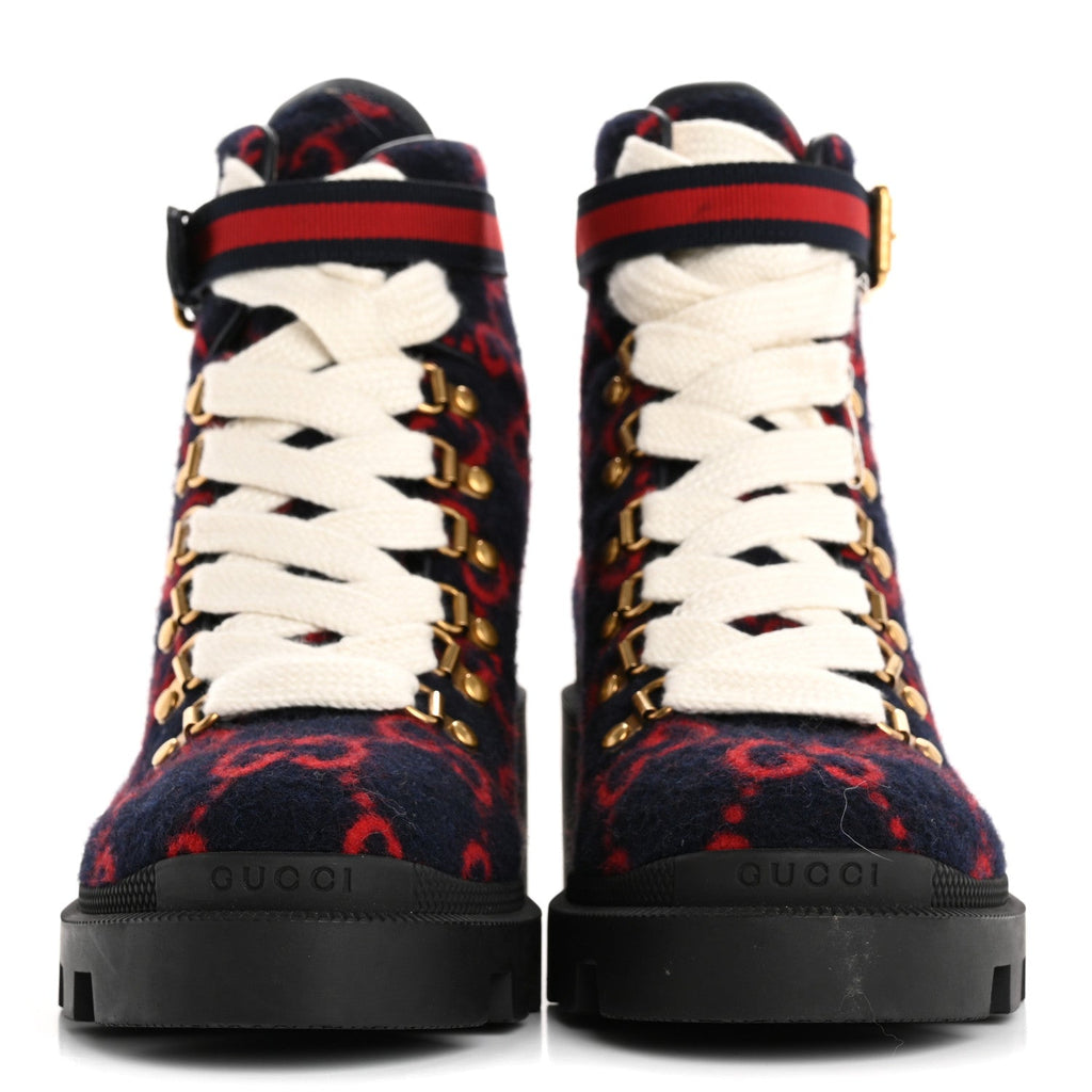 Gucci Covered Wool Big GG Monogram Womens Lace Up Combat Ankle Boots 37 Blue Red