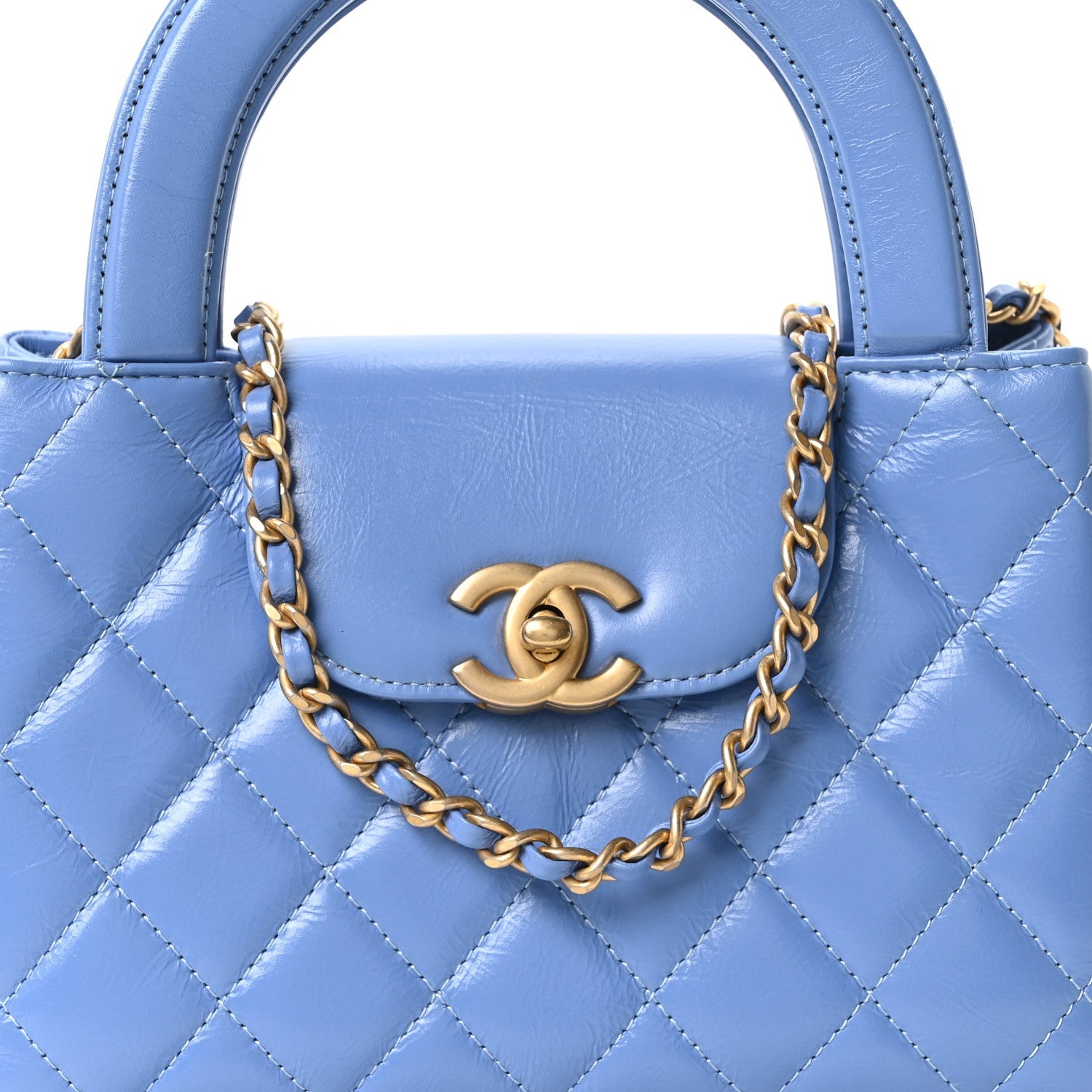Chanel Shiny Aged Calfskin Quilted Nano Kelly Shopper Blue