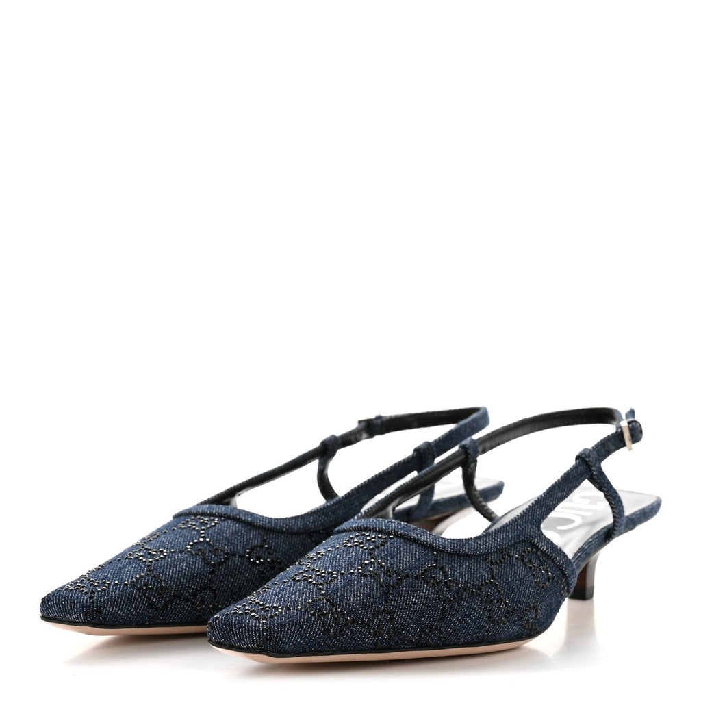 Gucci Denim GG Monogram Malaga Kid Crystal Square G 35mm Slingback Pumps 39.5 Blue