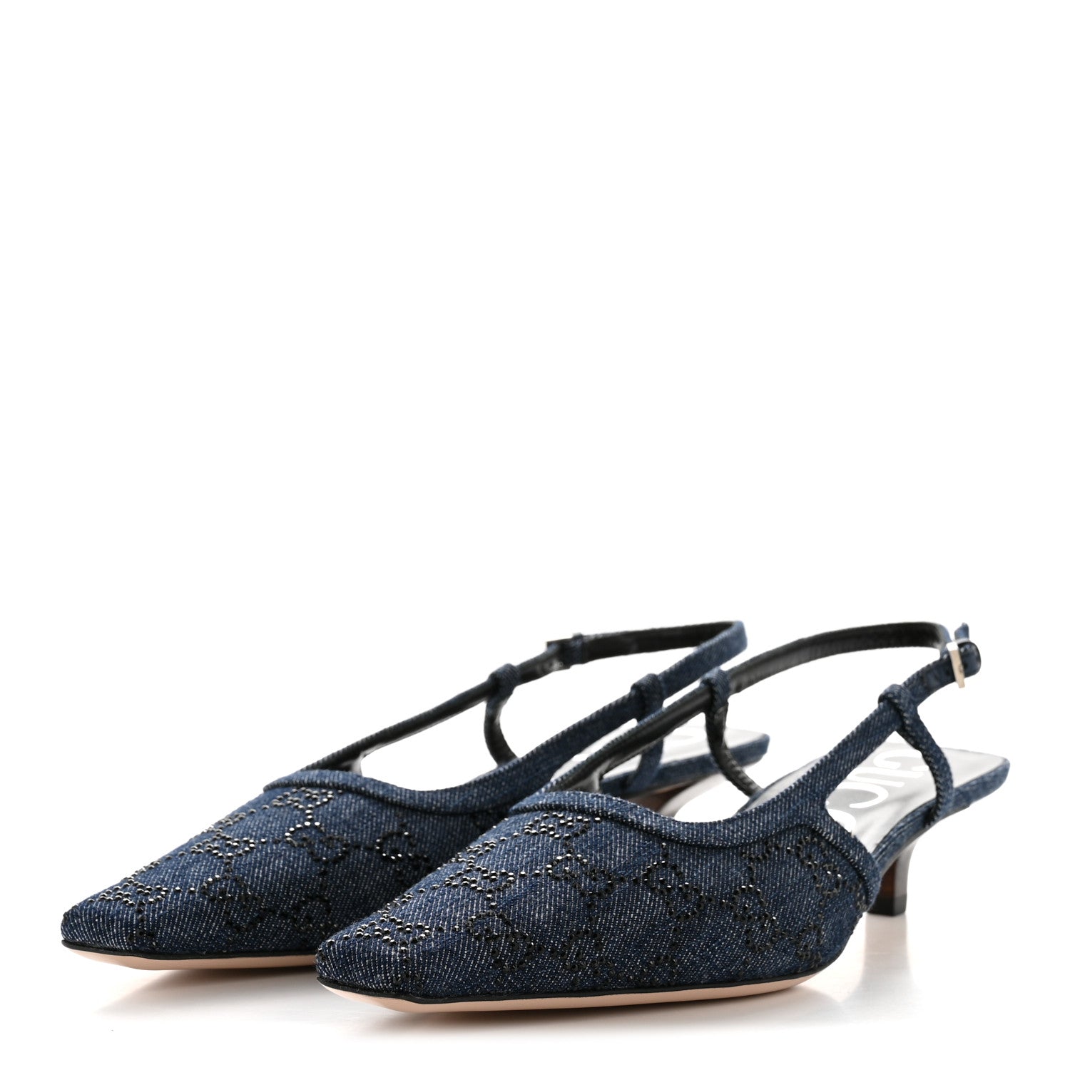 Gucci Denim GG Monogram Malaga Kid Crystal Square G 35mm Slingback Pumps 39.5 Blue